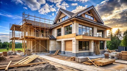 A contemporary construction site showcasing the detailed home building process, with a focus on highlighting various home security measures.