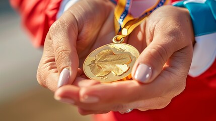 Close up of sportswoman hand holding golden medal at sport competition