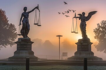 Justice giants confront. Scales meet quill. Dawn mist swirls. Eagles circle overhead. Constitution grounds them. Law and liberty face off. Judicial drama unfolds.