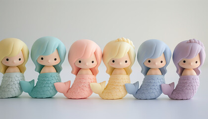 A row of adorable mermaid figurines in pastel colors, each with unique hair and tail hues, showcasing a cute and whimsical design.