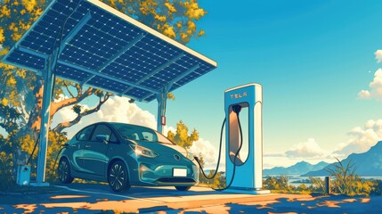 An electric car charging at a solar-powered station