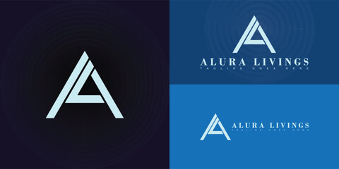 Abstract triangle initial letter AL or LA in blue color isolated on multiple background colors. The logo is suitable for hotel management company logo design inspiration templates.