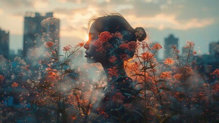 Young woman connecting with nature double exposure effect combining city and flowers