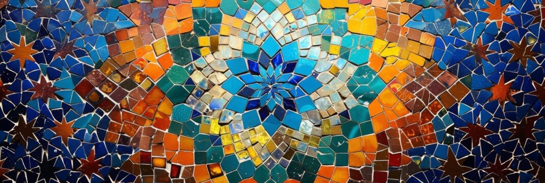 Detail of traditional Persian mosaic wall with geometrical ornament in Iran, Arabic Islamic pattern