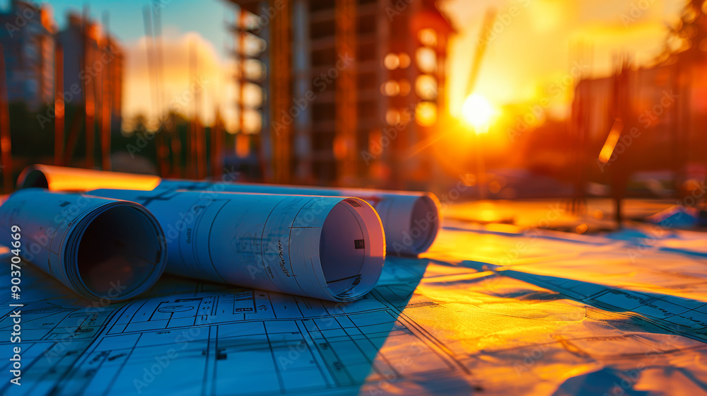 Poster architecture blueprints with rolled up papers on construction site
