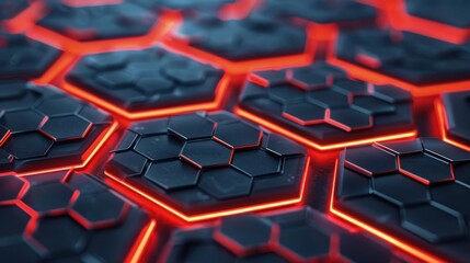 Explore glowing hexagonal patterns and digital lines, embodying modern tech on a sleek dark backdrop with ample space.