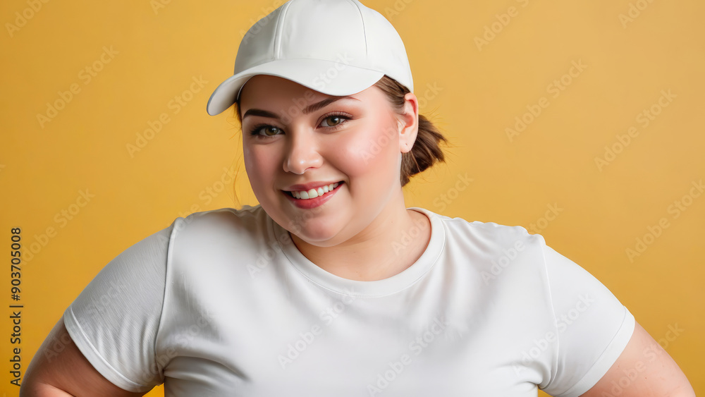 Wall mural plus size young woman with short hair wearing white t-shirt and white baseball cap isolated on yello