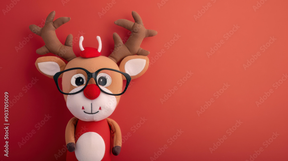 Poster A festive reindeer sporting cool glasses, set against a vibrant red background, making the perfect Christmas vibe.