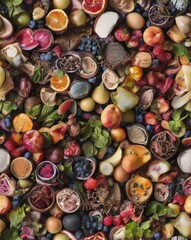Obraz premium Tile textures of A close up of a variety of fruits and vegetables, including apples, oranges