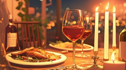 An elegant glass of red wine beside a candlelit dinner