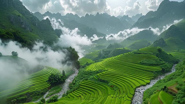cloudy mountains and tea gardens