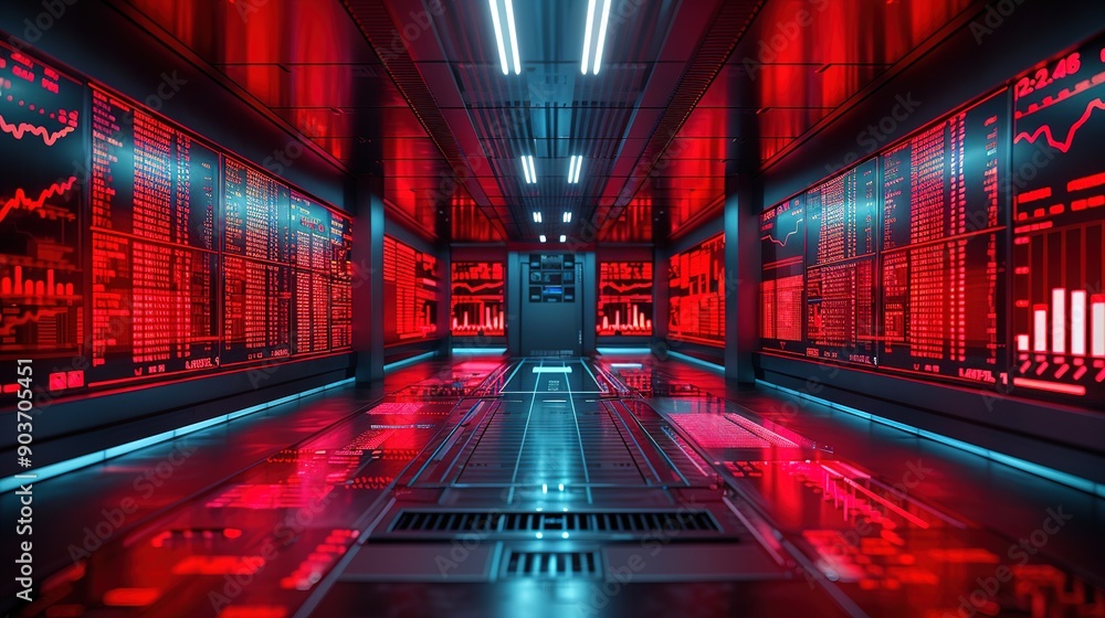 Poster cyberpunk data center: a futuristic and stylish cyberpunk data center corridor with glowing red and 