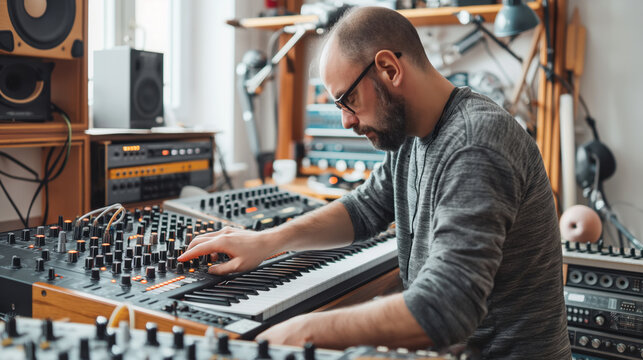 A man operating synthesizers and audio equipment in a music studio, adjusting knobs and dials while focusing on his work.