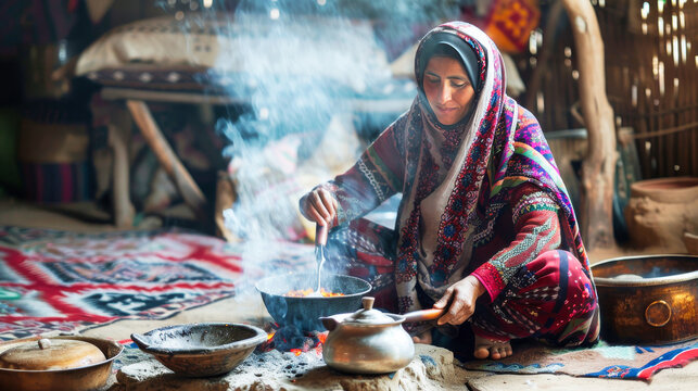 Traditional dressed old bedouin woman cooking
