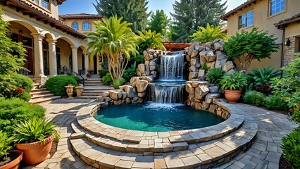 Luxury home courtyard with waterfall