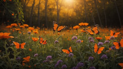 Obraz premium Delicate wildflowers and orange butterflies painted with oil paints