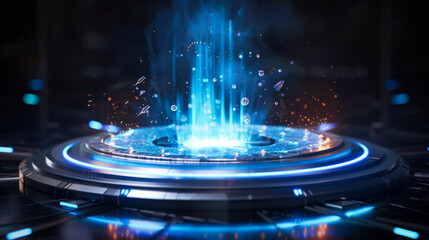Digital artwork featuring a futuristic, blue circular platform emanating particles