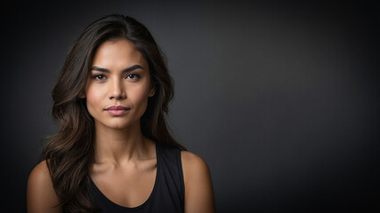 Fototapeta premium A beautiful young woman model against a dark background, with space for text