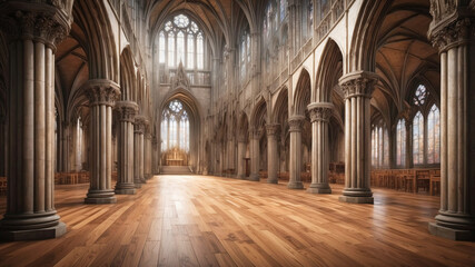 Obraz premium Inside of an ancient gothic cathedral with wooden floor and carved stone columns