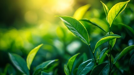 Obraz premium close-up of green tea leaves on a tea plant