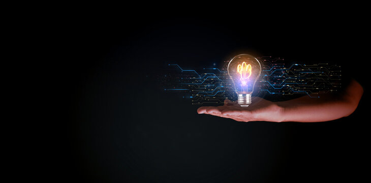 Solution or creative idea for designing a web banner or landing page for an innovative company with a hand sticking out of the screen with a light bulb. Famous abstract geometric shapes and lead lines