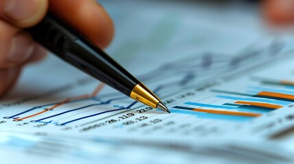 Analyzing the Numbers: A close-up shot of a hand meticulously reviewing financial data with a pen, highlighting the critical role of analysis in business decisions. 