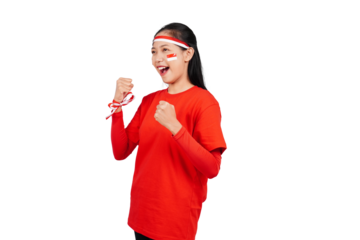 An excited Indonesian woman celebrating Indonesia's independence day standing while raising her fist isolated transparent