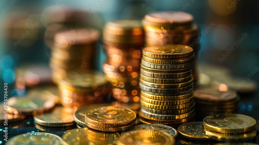 Poster golden stacks: a close-up shot of shiny golden coins stacked high, radiating wealth and prosperity. 
