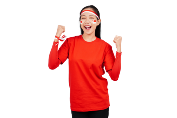 An excited Indonesian woman celebrating Indonesia's independence day standing while raising her fist isolated transparent
