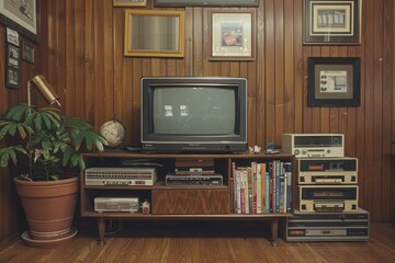 Vintage Retro Living Room With Wood Paneling and Classic Television