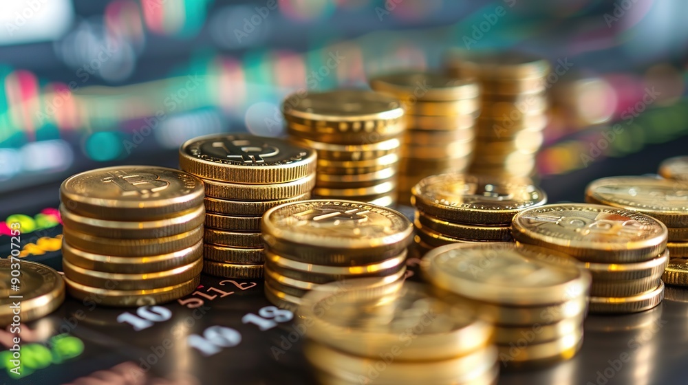 Poster golden coins on stock market graph: a close-up shot of golden coins stacked in columns, set against 