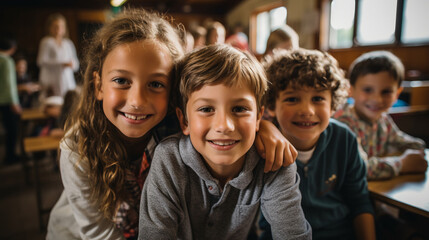 Fototapeta premium Class selfie in an elementary school. Kids taking a picture together in a co-ed school, photography.