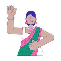 Fist up feminist hindu woman 2D cartoon character. Protesting indian lady with hand raised isolated flat vector person white background. Movement feminism empowerment color spot illustration