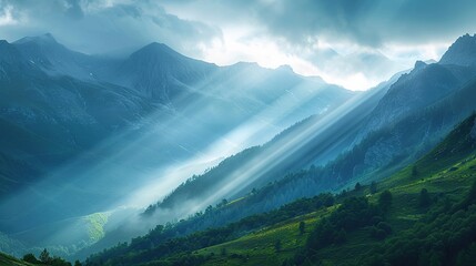 Fototapeta premium Mountain Majesty: Sunlight breaking through the clouds, casting a dramatic spotlight on the rugged mountain peaks, creating a breathtaking scene of natural beauty and wonder. 