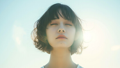 Asian woman with short hair and closed eyes enjoys the sunlight in serene outdoor setting, radiating a calm and peaceful mood. - Powered by Adobe