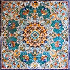 Detail of traditional Persian mosaic wall with geometrical ornament in Iran, Arabic Islamic pattern