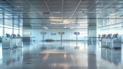 Obraz premium Quiet airport check-in counters with no queues or travelers