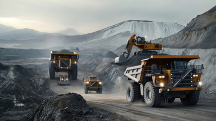 Large mining trucks and an excavator operating in an open-pit mine with mountainous terrain in the background on a cloudy day.
