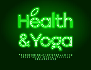 Vector neon template Health and Yoga. Electric Green Font. Set of Glowing Alphabet Letters and Numbers