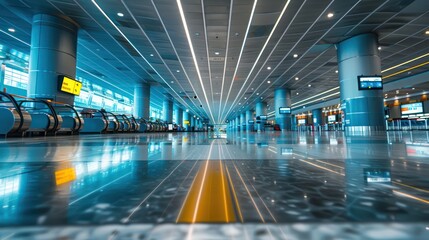 Wide-angle view of an airport terminal concourse during peak travel hours