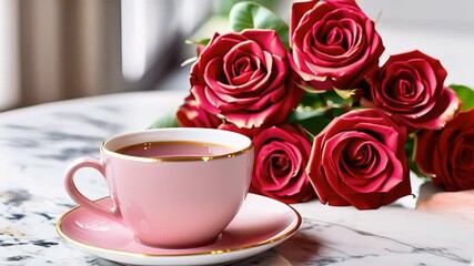 A cup of black tee on a light marble table with a vase filled with roses	
