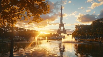 Obraz premium Eiffel Tower at sunset with beautiful reflections on water and bright sunlight creating a serene and peaceful atmosphere.
