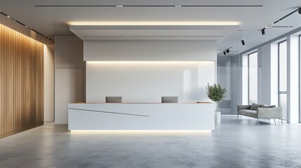 Architectural office reception area with a display of project models and sketches