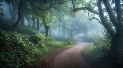 Fototapeta premium Misty forest path, lush trees and soft light create a magical scene. Walk peacefully and enjoy the calm of nature with fresh greenery all around.