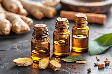 Ginger essential oil in bottles. This photo is perfect for blog posts about natural remedies or aromatherapy.