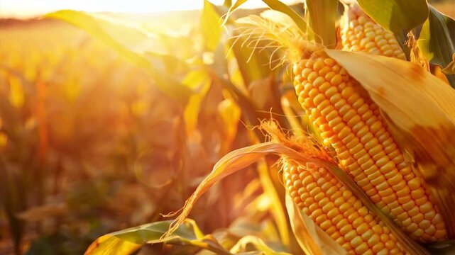 close-up of corn ears, golden kernels, glistening under the warm rays of the morning sun. generative ai