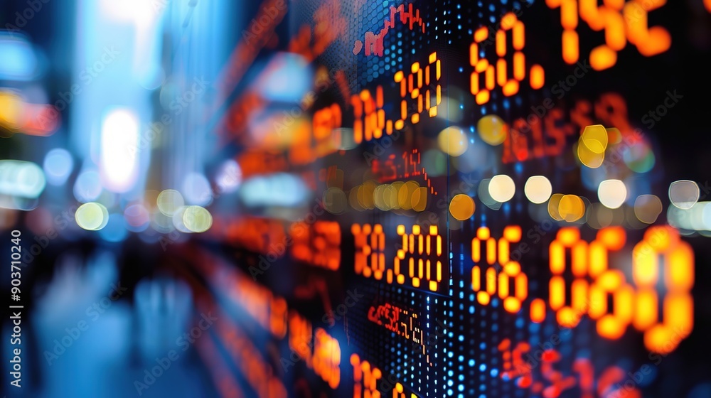 Poster digital stock market display: a close-up view of a stock exchange digital display, showing a flurry 