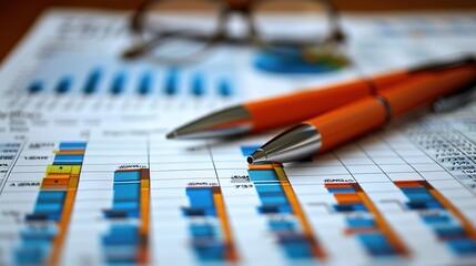 Data-Driven Decisions: Two orange pens rest on financial documents filled with colorful charts and graphs, embodying strategic planning and informed decision-making in the business world. 