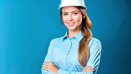 Portrait of a woman in engineer work clothes and construction helmet on a blue background with empty space for text.