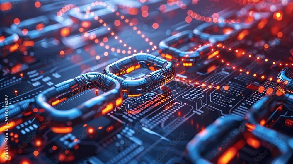 Poster blockchain's fiery forge: a 3d render of glowing blockchain links etched onto a futuristic, fiery ci